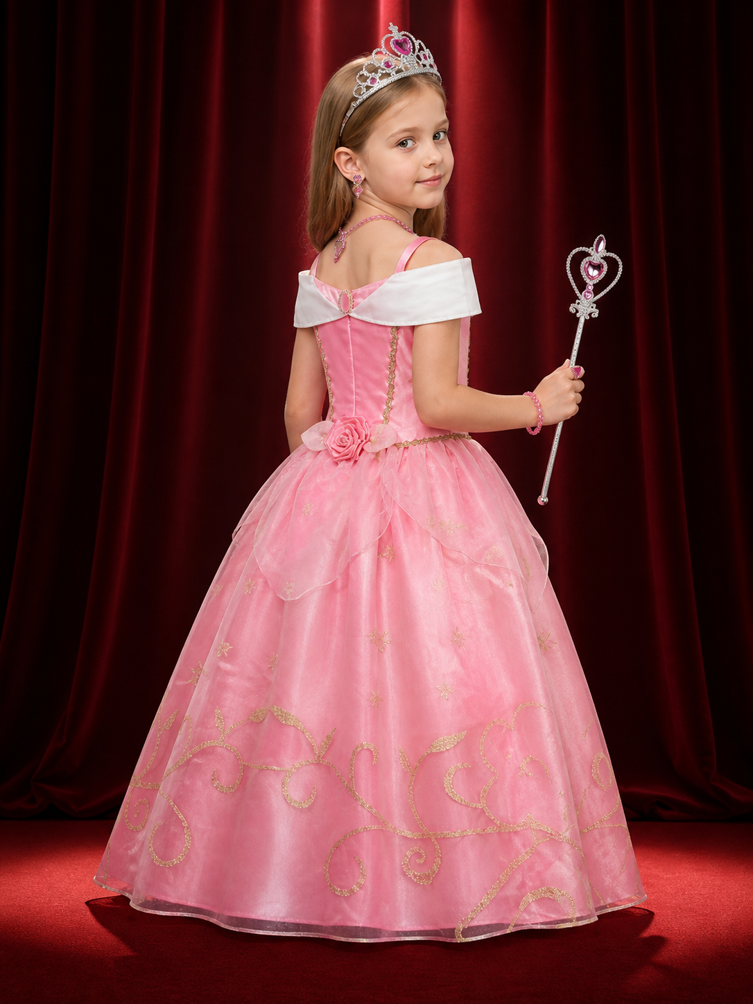 Girls Pink Princess Dress Costume Set with Crown, Wand & Jewelry for Halloween back view