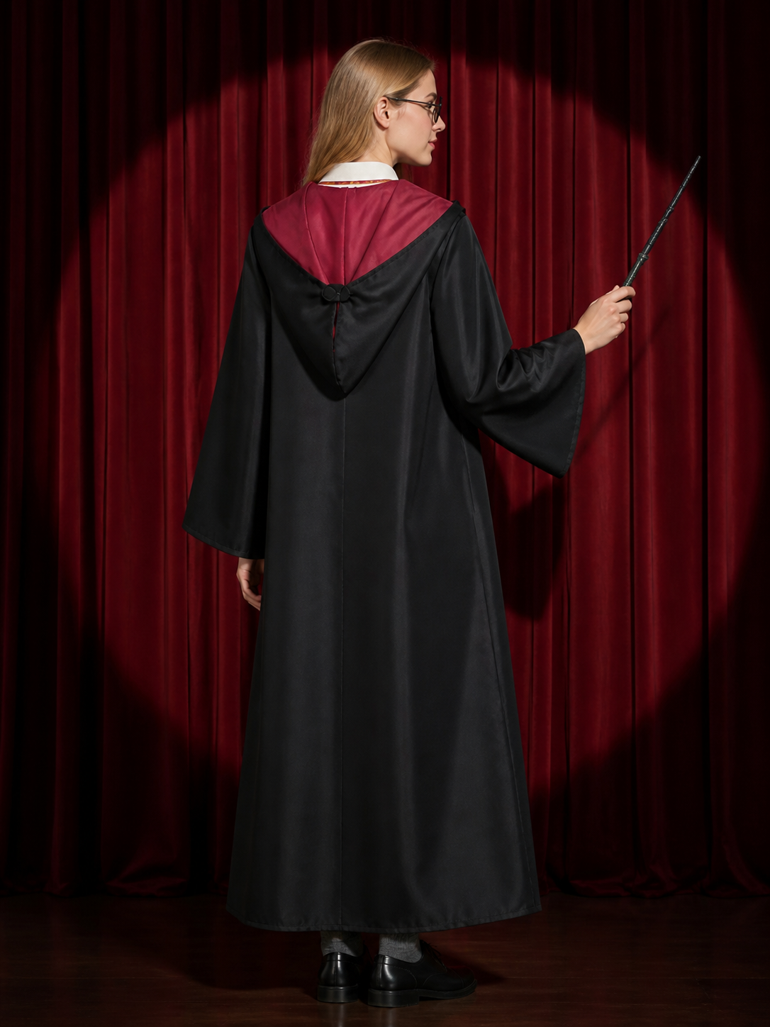 Red and Yellow Striped Wizard Robe Costume Set with Hat, Tie, Scarf, Glasses and back view