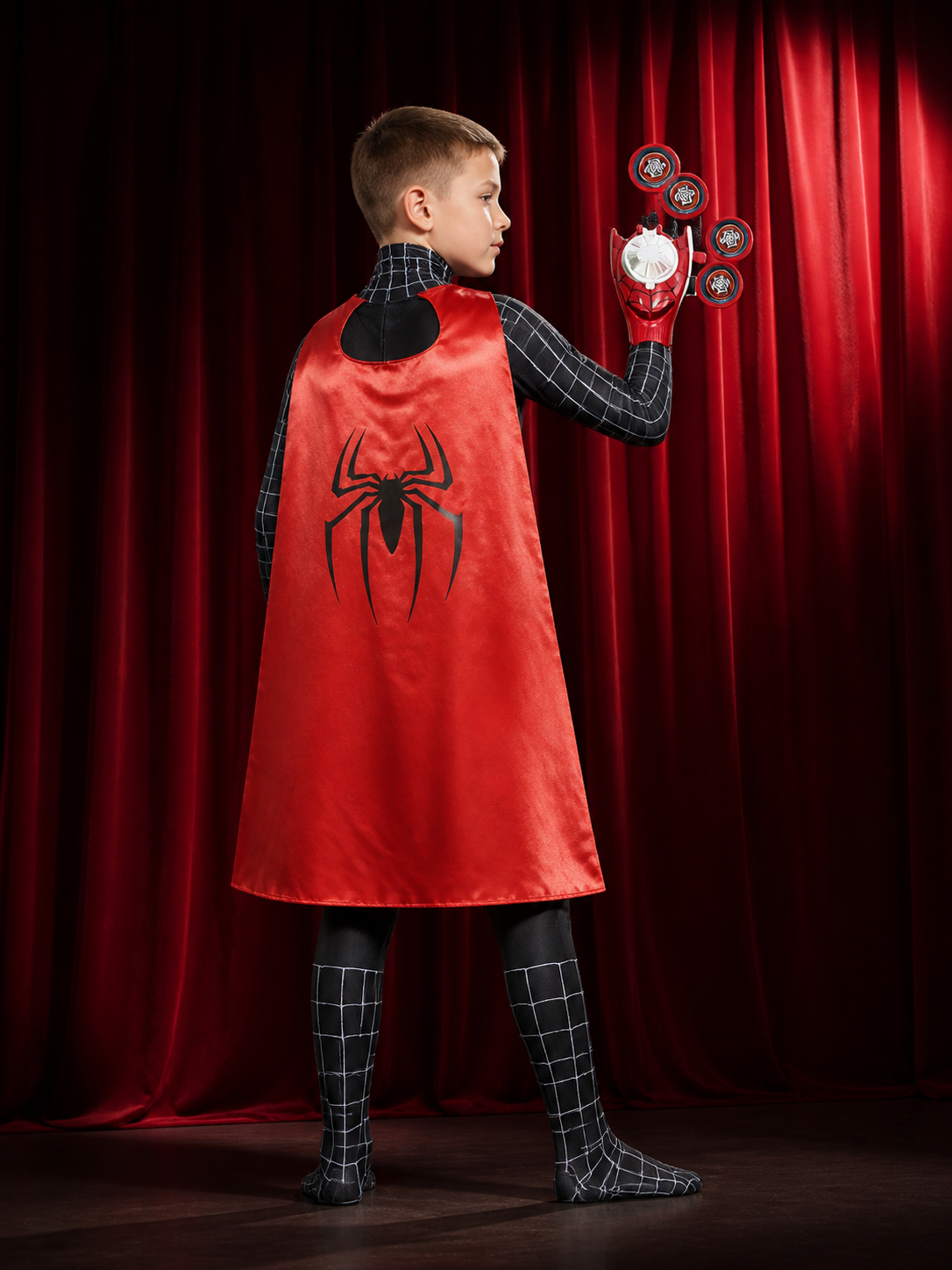 Black Spider-Man Kids' Jumpsuit Costume With Mask, Cape And Web Shooter back view