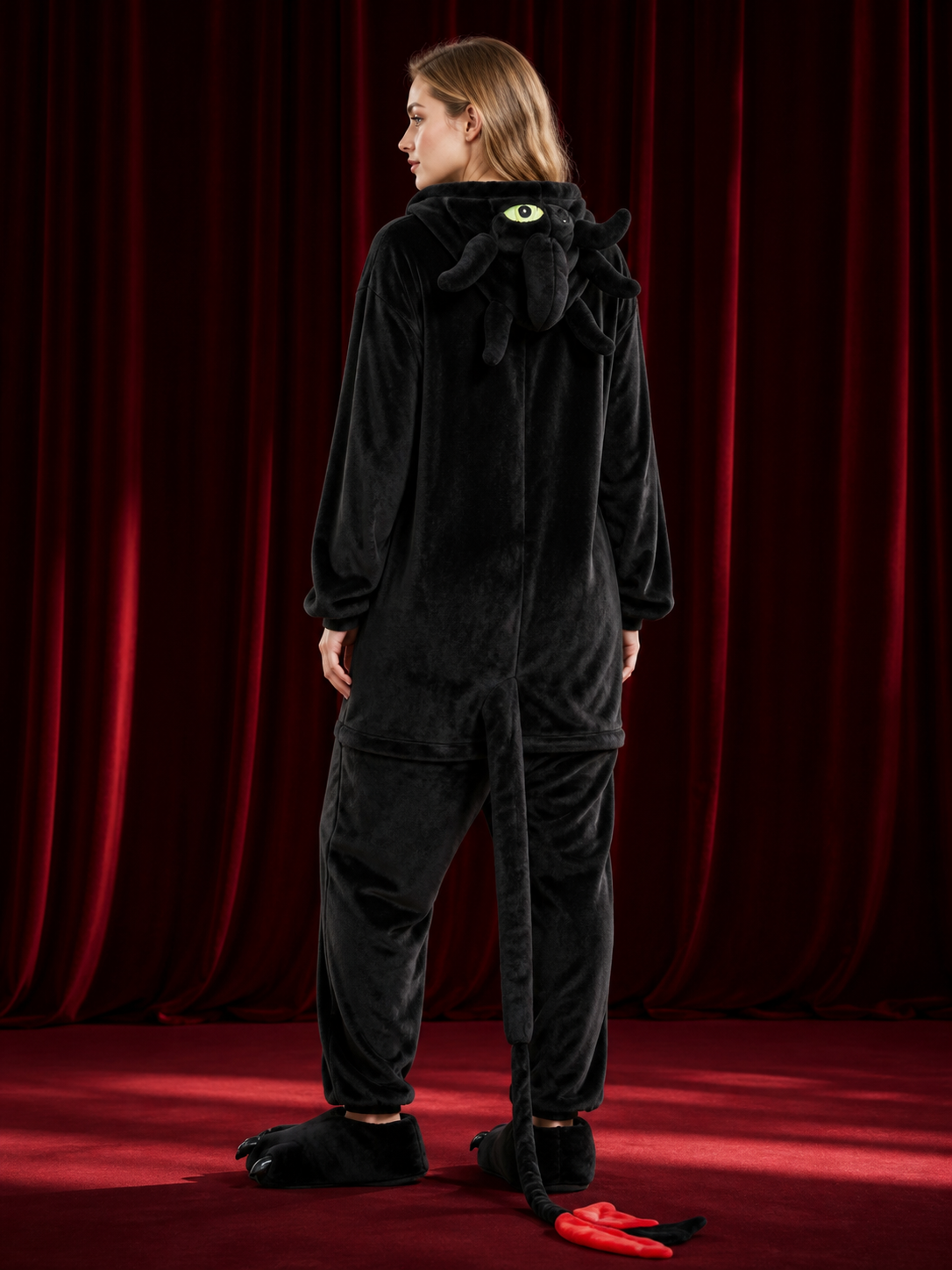 Black Dragon Hooded Full-Body Jumpsuit Costume With Horns And Tail back view
