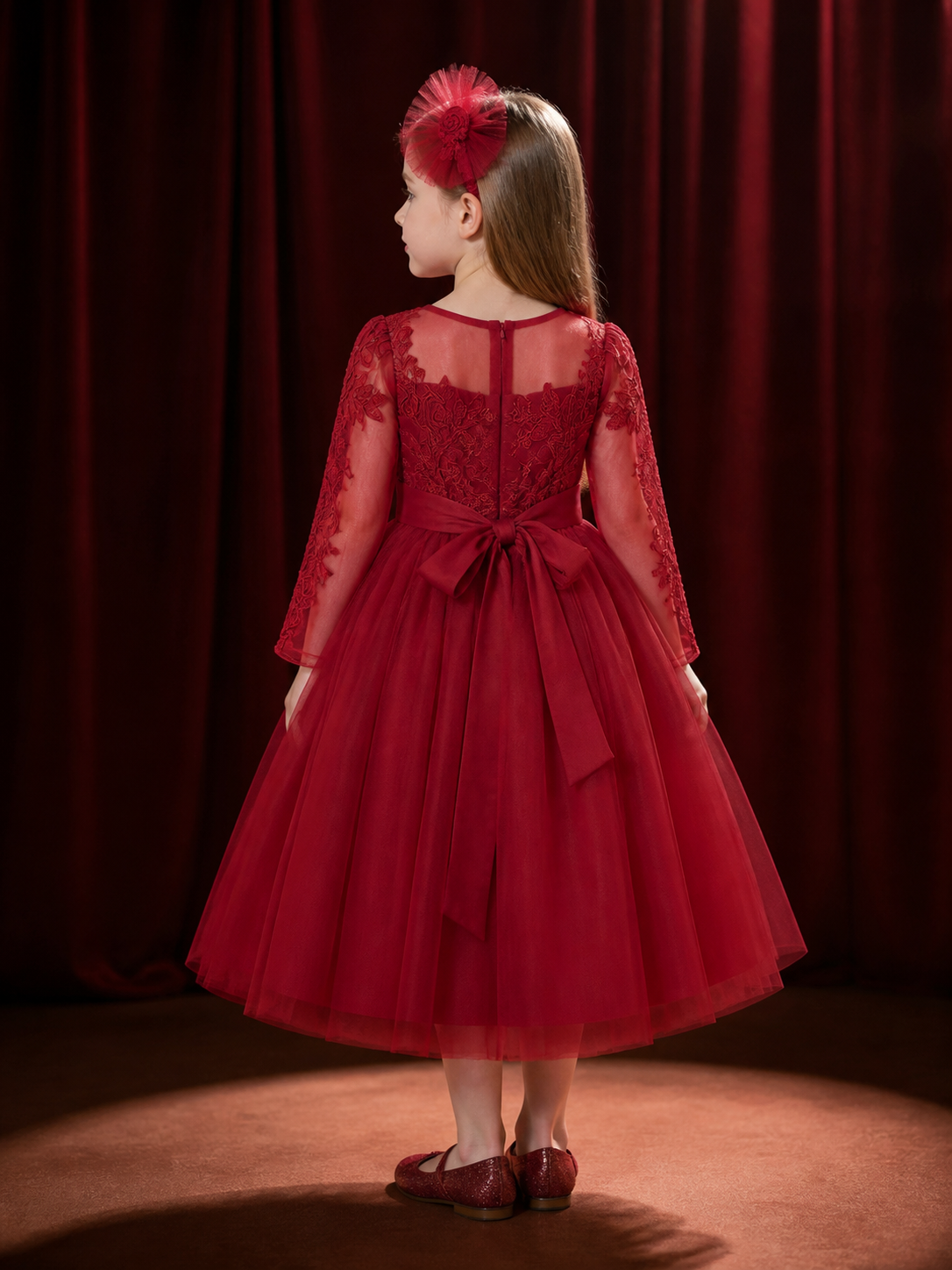 Girls' Burgundy Princess Dress, Embroidered Tulle Long Sleeve Flower Girl Gown back view