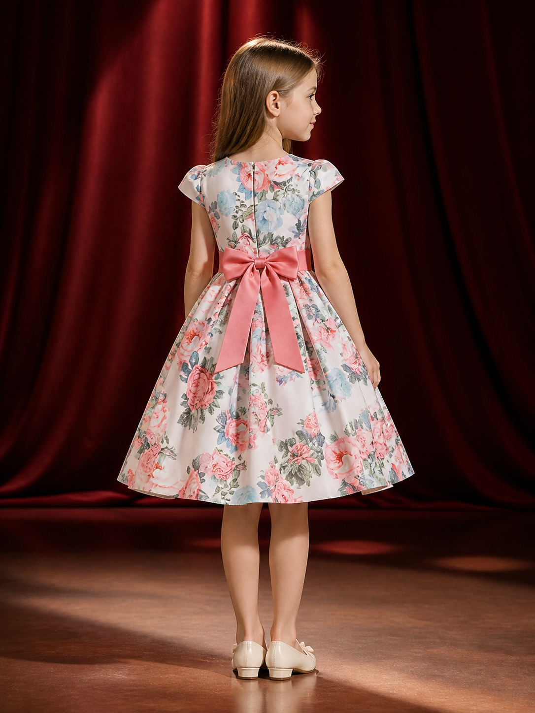 Girls' Floral Print Princess Dress With Bow, Short Sleeve Formal Outfit