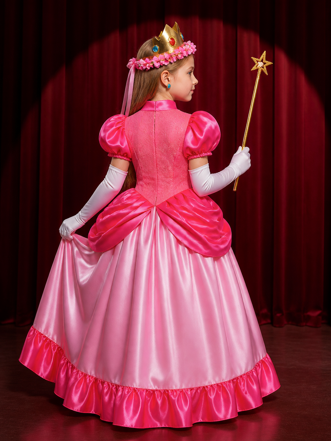 Girls Halloween Peach Pink Princess Costume Set with Lace Ball Gown, Crown & back view