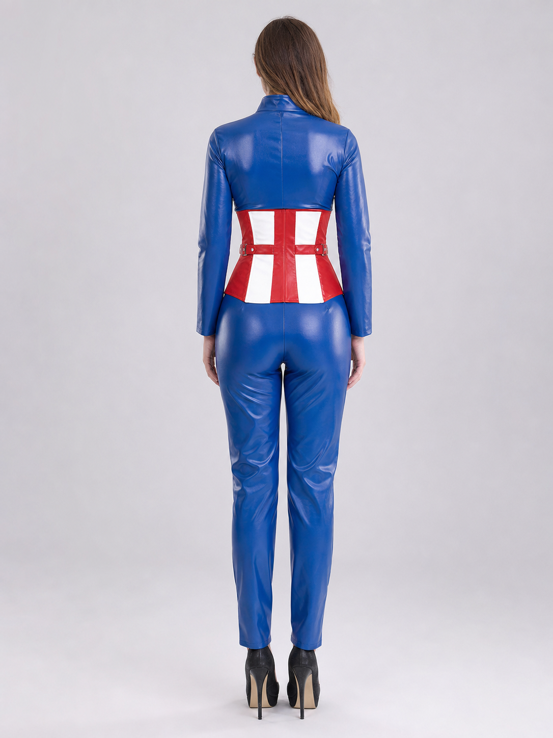 Red and blue superhero cosplay costume back view