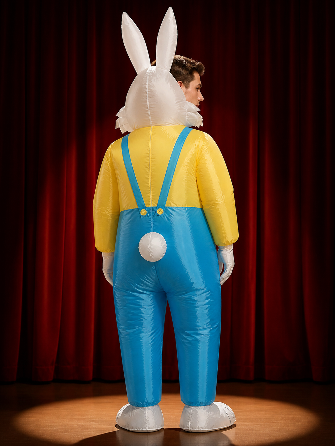 Easter Inflatable Rabbit Costume Jumpsuit with Long Ears and Blue Pocket back view