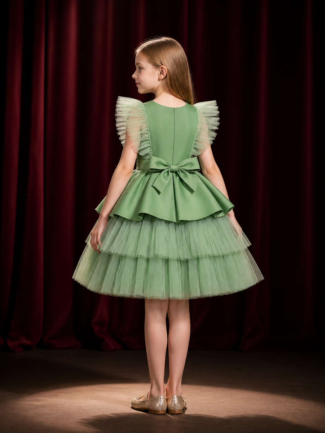 Girls' Green Princess Tulle Dress, Short Sleeve Bow Flower Girl Formal Dress back view