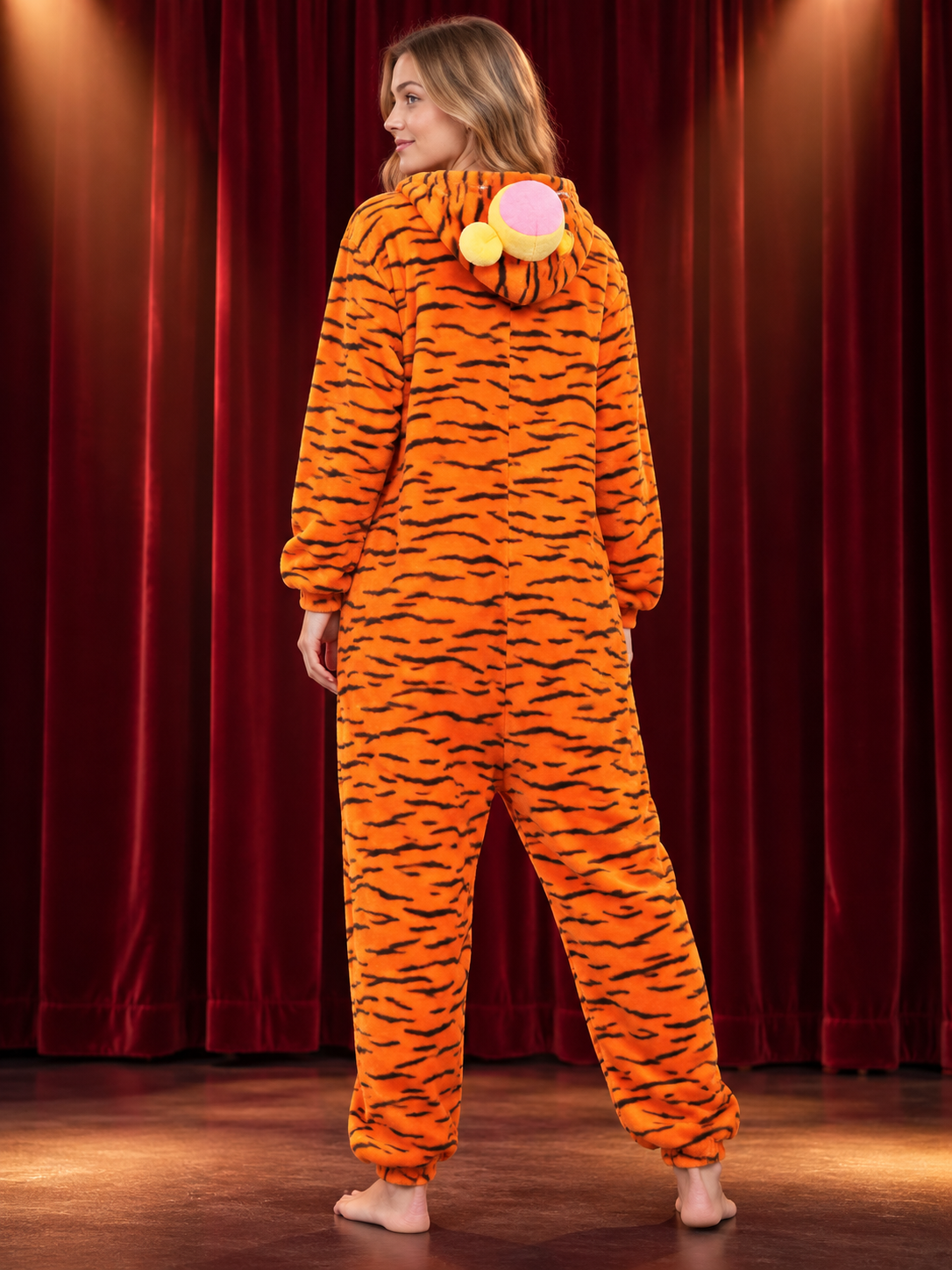 Orange hooded one-piece pajama with stripes
