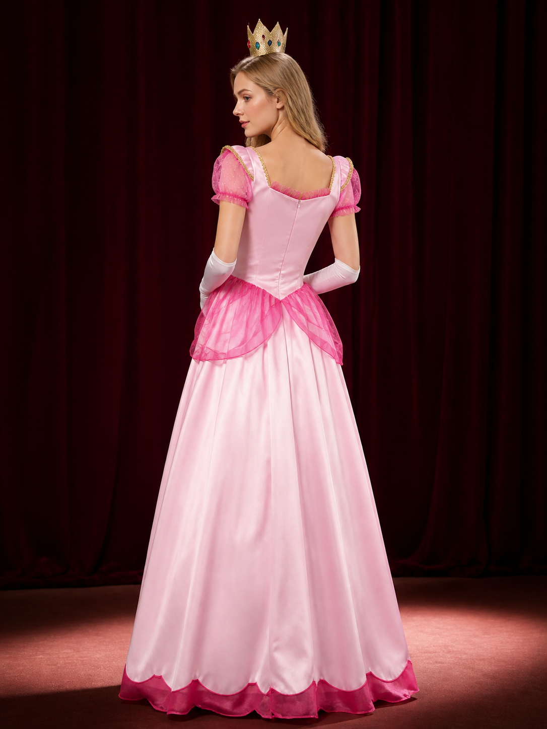 Princess Dress Costume, Pink Ball Gown with Puffy Sleeves and Blue Gem back view