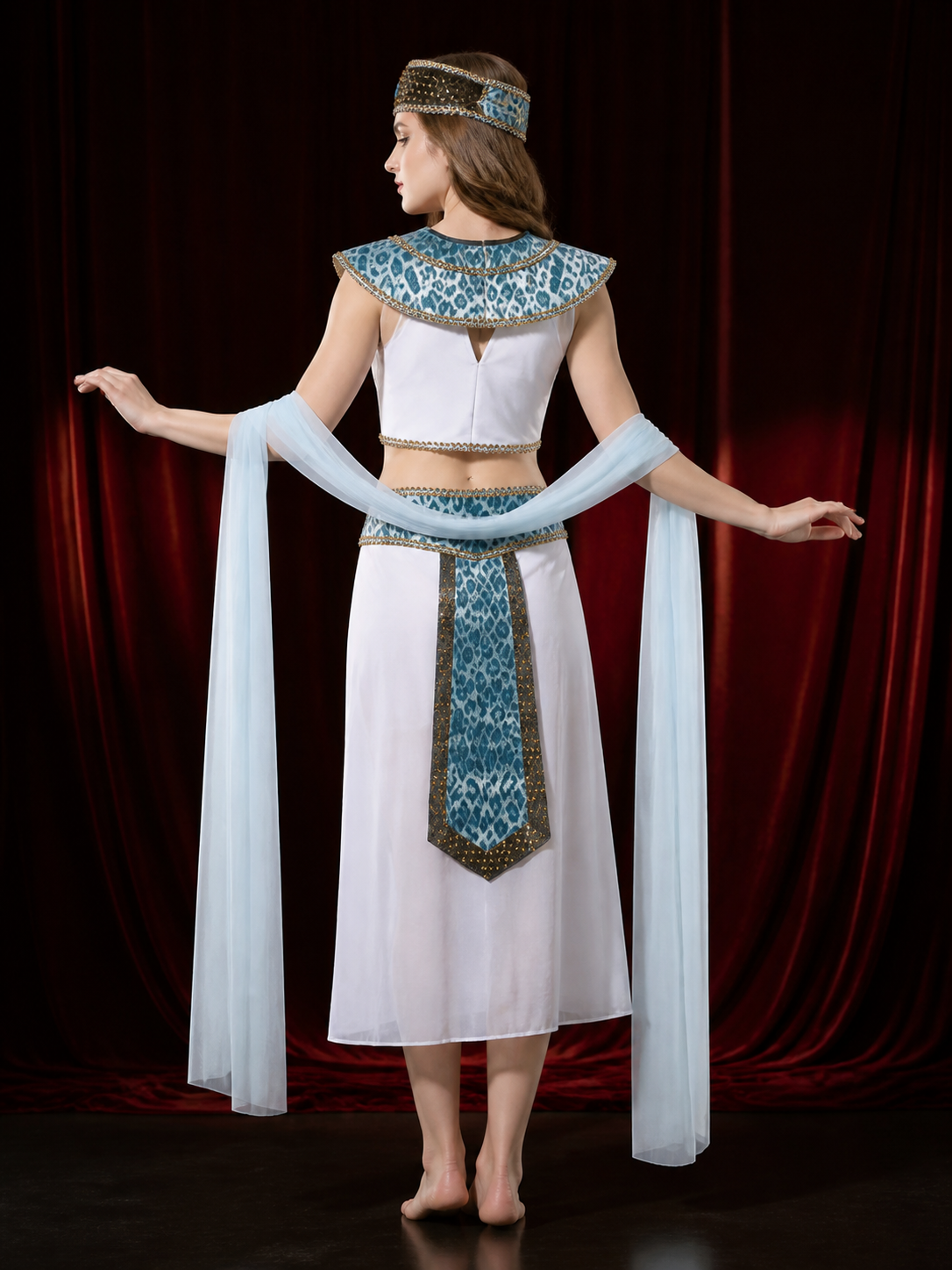 Egyptian Queen Costume Set, Two-Piece White, Blue And Silver Outfit With back view