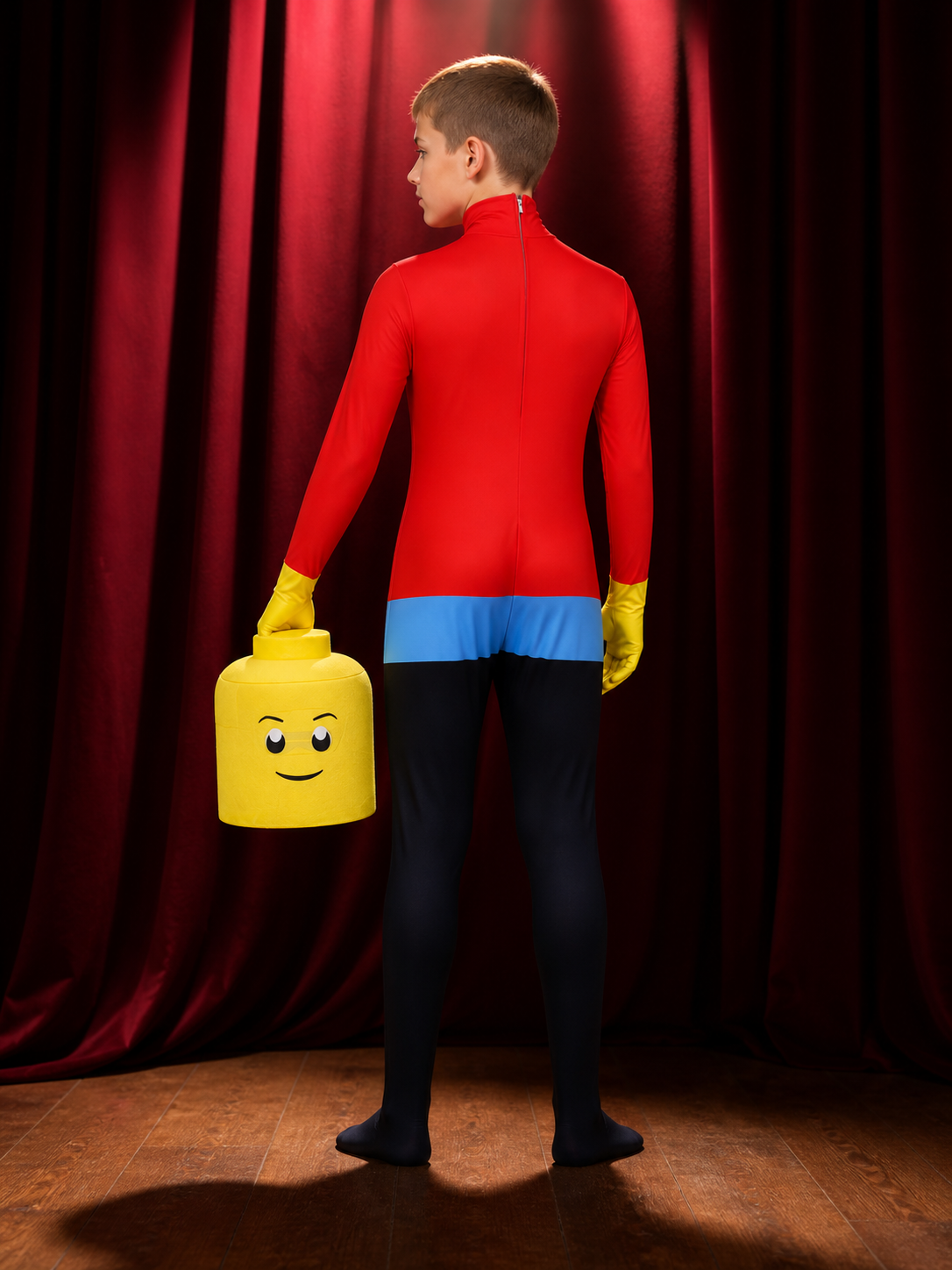 Block Figure Bodysuit Costume with Headpiece, Red Blue Black Printed Halloween back view