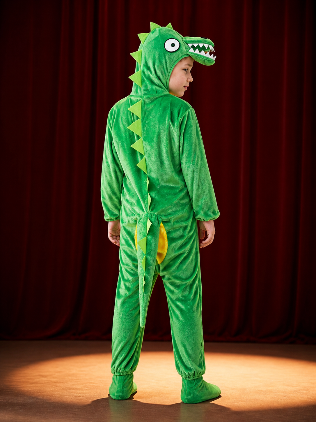 Kids Green Dinosaur Costume Bodysuit with Head Hood, Spikes and Tail for back view