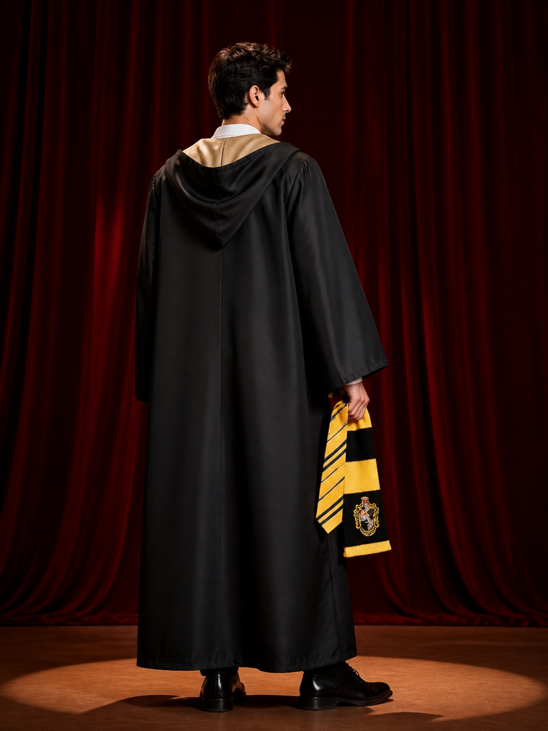 Hufflepuff Wizard Costume Set, Hooded Robe with Tie and Scarf back view