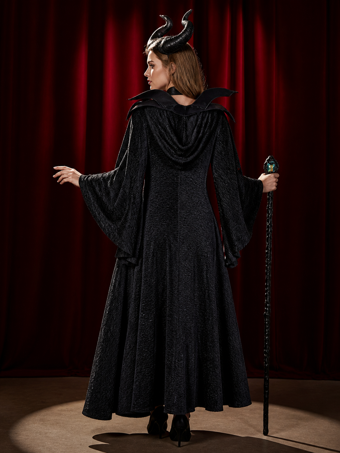 Maleficent-Inspired Halloween Costume, Black Hooded Robe With Bat-Wing Collar back view