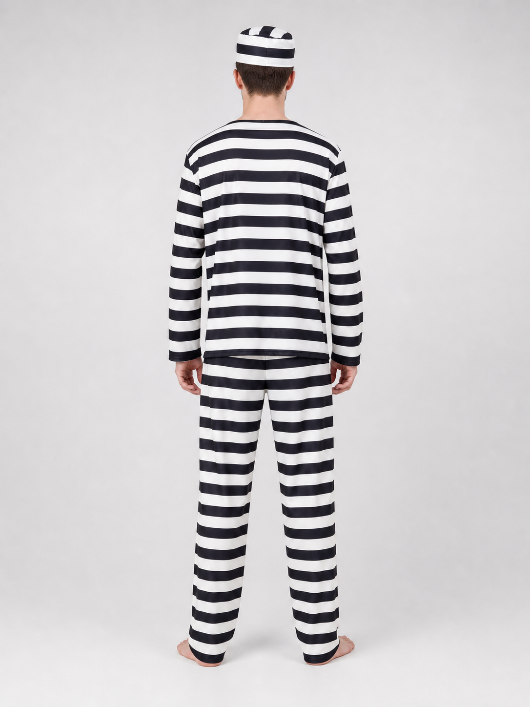 Striped Prisoner Costume with Cap and Handcuffs back view