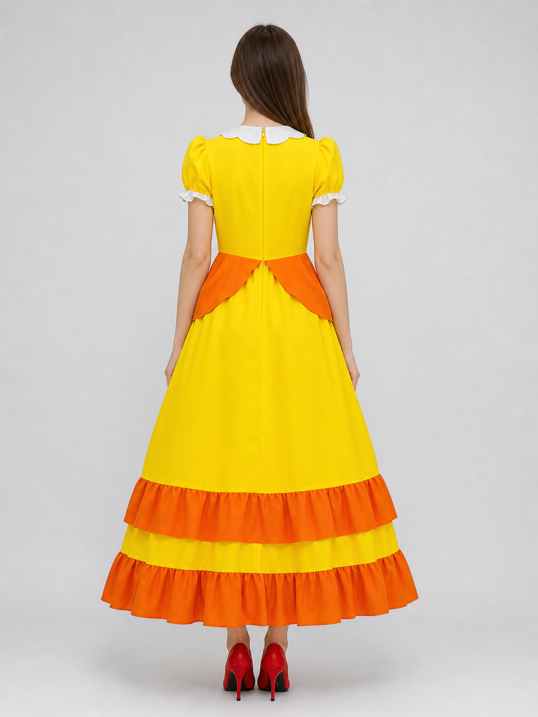Yellow carnival costume with a crown and a full skirt back view