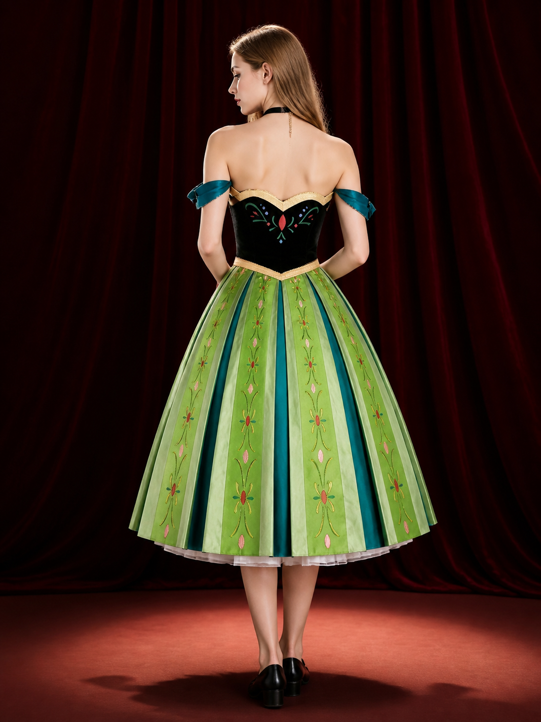 Adult Anna Cosplay Costume Set, Embroidered Green Vest And Skirt With Necklace back view