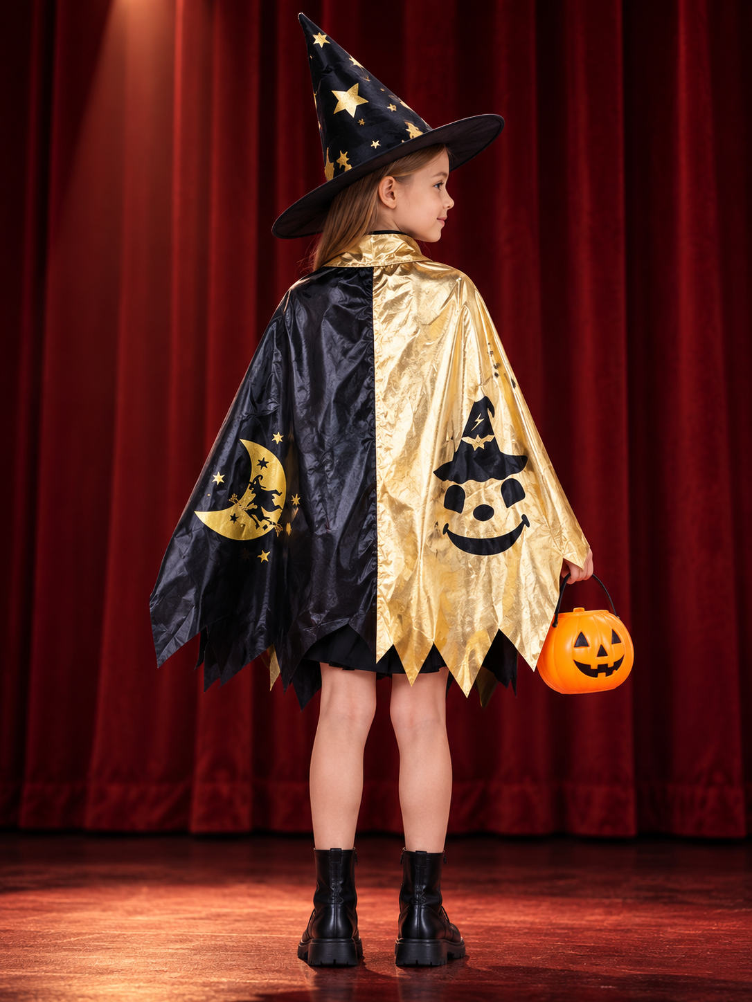 Kids' witch carnival costume with cape and hat