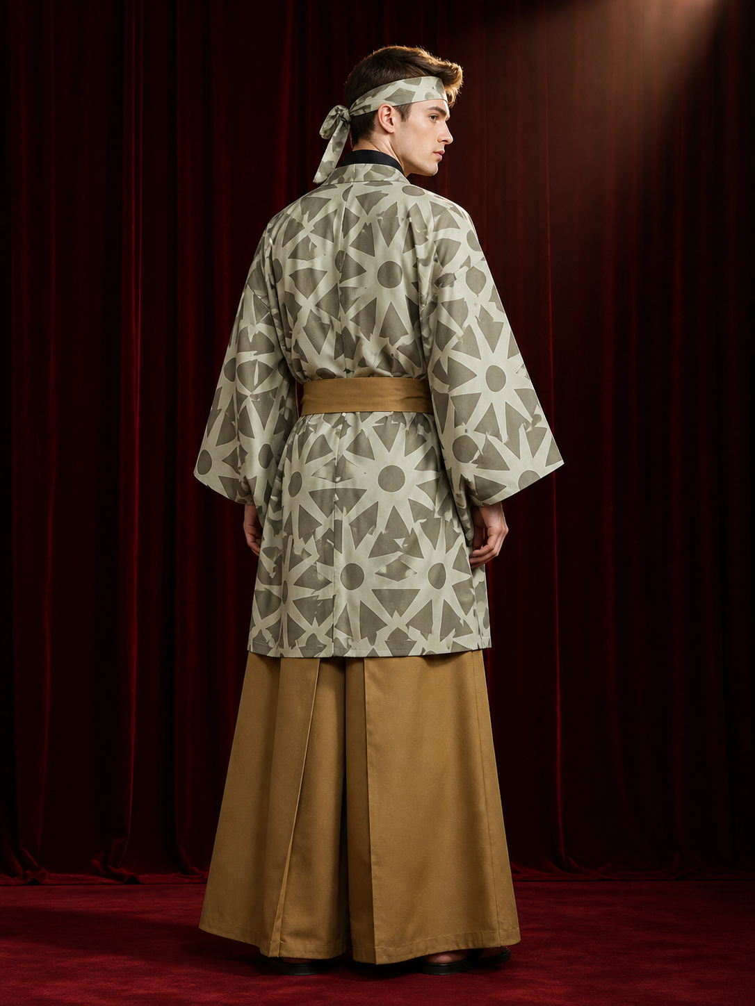 Demon Slayer Haganezuka Cosplay Costume Set with Gray Geometric Jacket and Polka back view