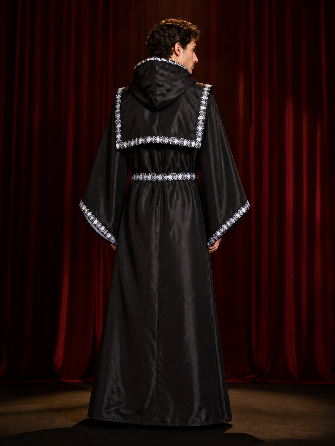 Adult Black Wizard Costume Set, Hooded Long Robe With Silver Trim, Cloak And back view