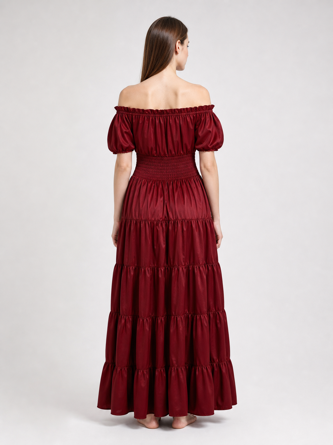 Wine Red Tiered Off-the-Shoulder Maxi Dress