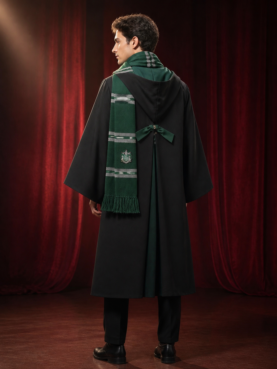 Wizard Robe Costume Set, Black Long Robe With Badge, Green-Black Striped Tassel back view