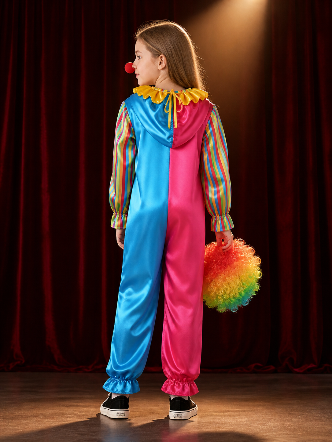 Kids' Rainbow Clown Jumpsuit Costume Set with Wig and Nose back view