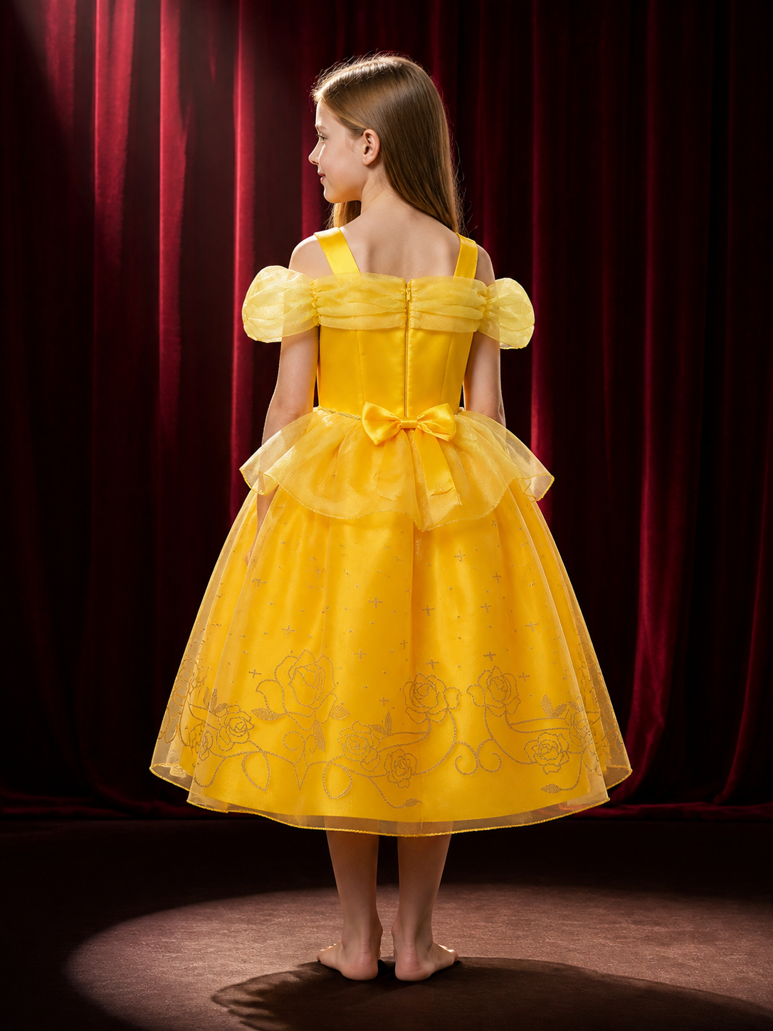 Girls' Yellow Princess Dress, Bow & Rose Embroidered Tutu Costume for Kids back view
