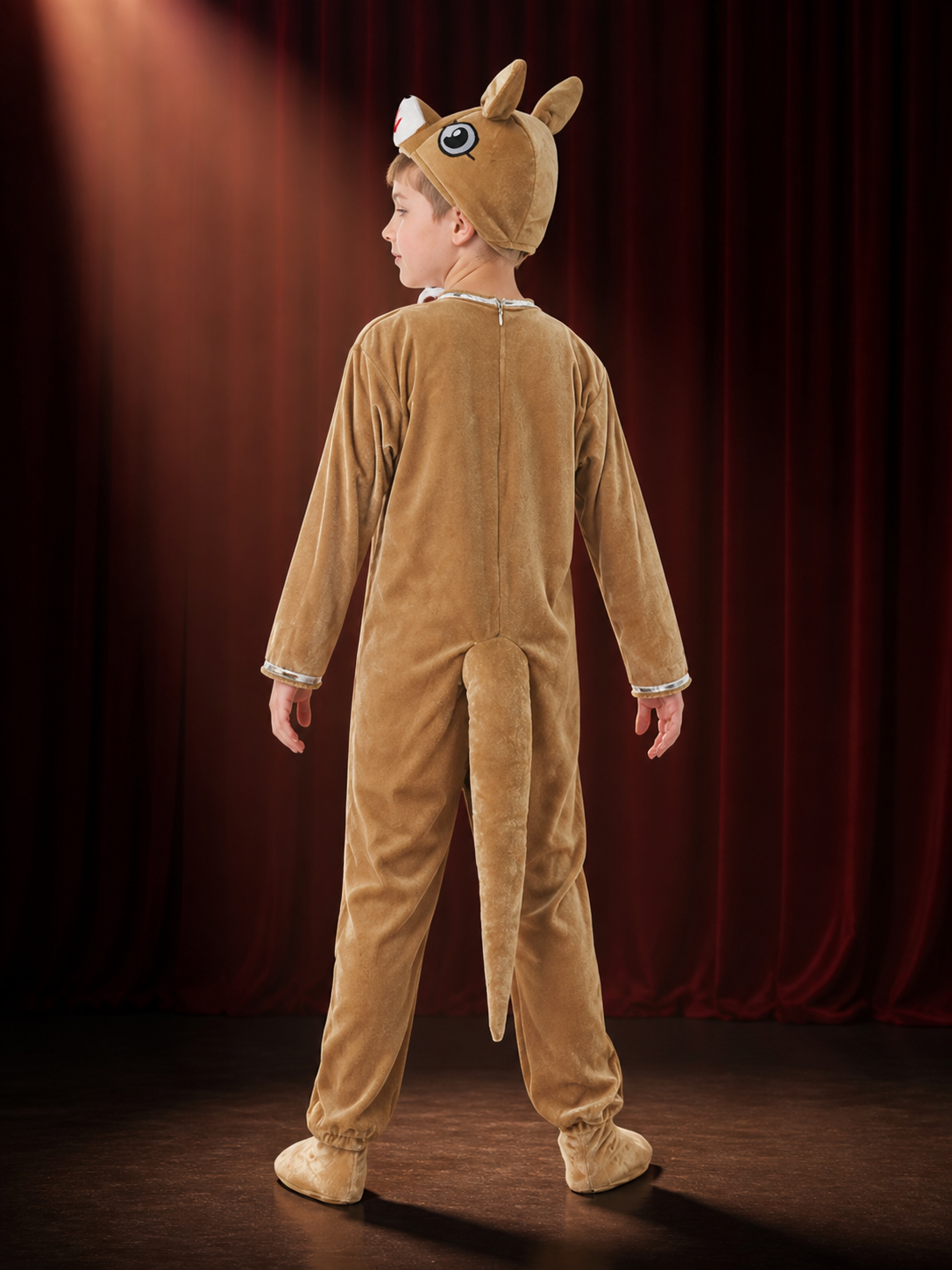 Kids Kangaroo Animal Onesie Costume, Brown and White with Hood, Tail, and Footed back view
