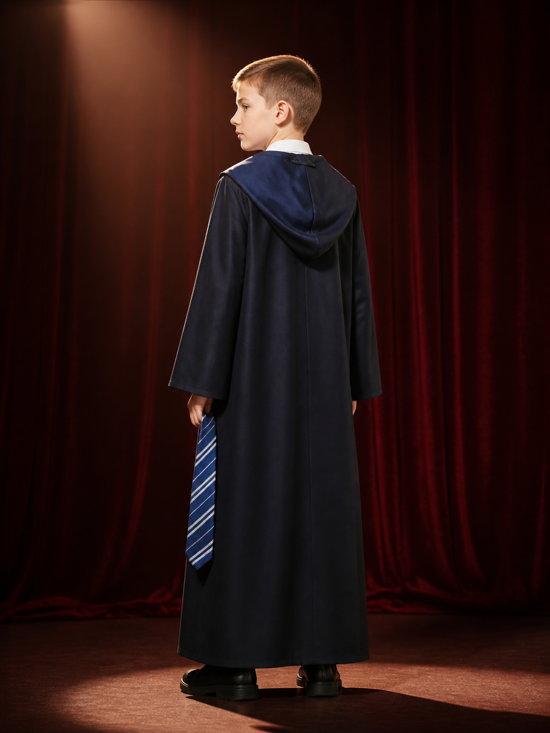 Ravenclaw Wizard Robe Costume Set with Tie, Long Hooded Cape for Halloween back view