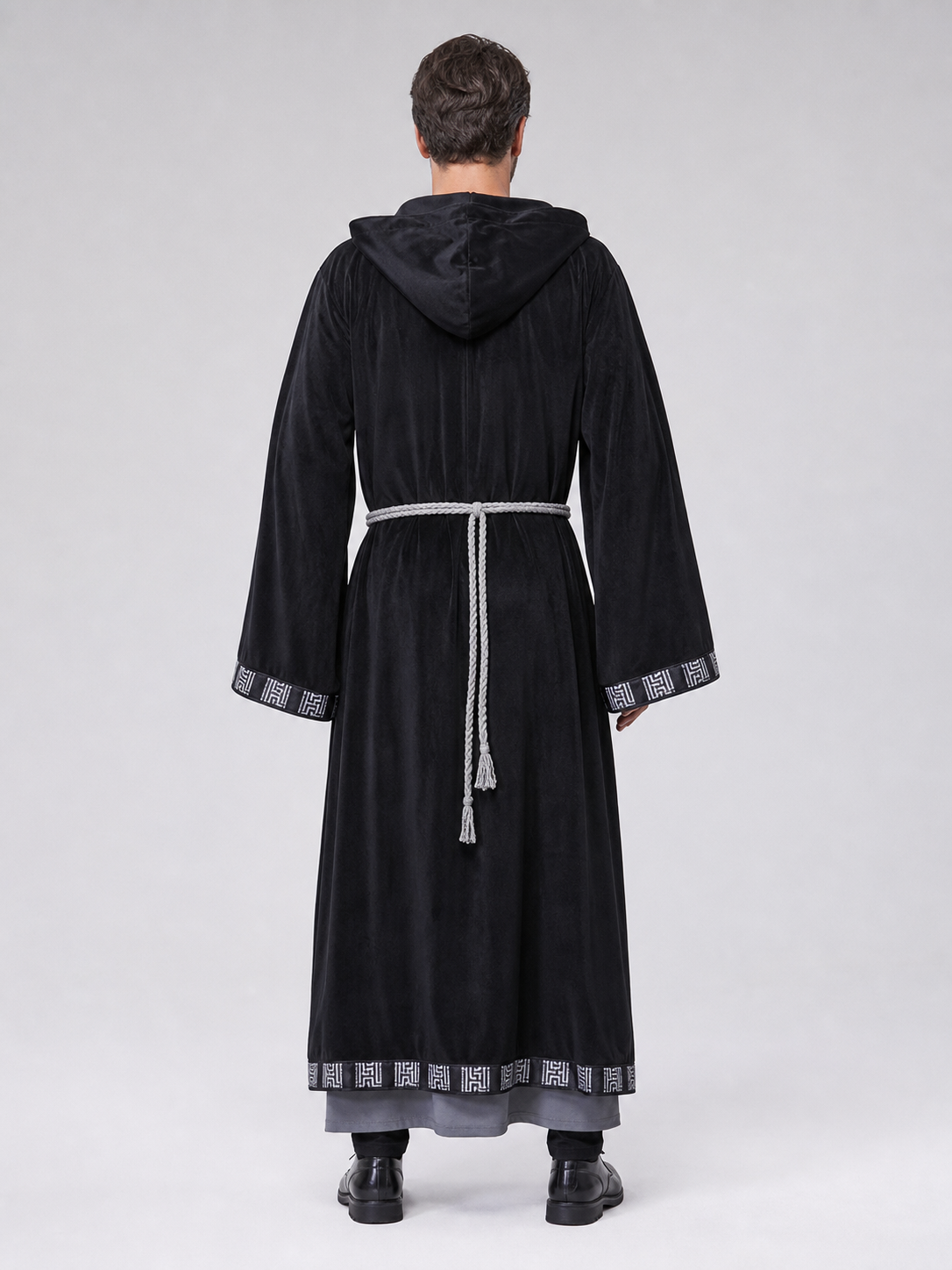 Fantasy costume with hood, robe, and gloves back view