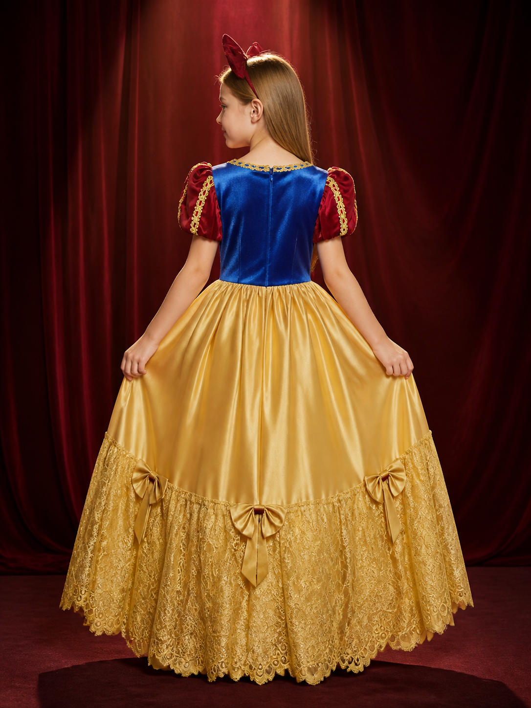 Girls Snow White Costume Dress, Blue Bodice with Gold Lacing, Red Puff Sleeves back view