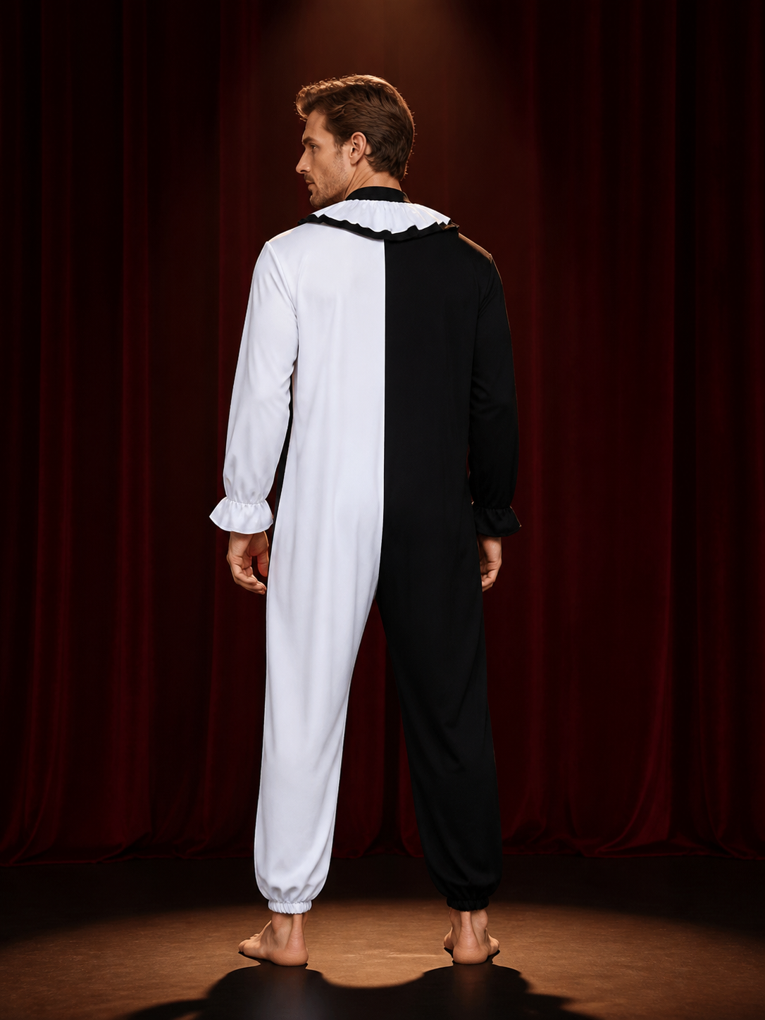 Unisex Clown Jumpsuit Costume, Black and White Split Design with Ruffled Collar back view