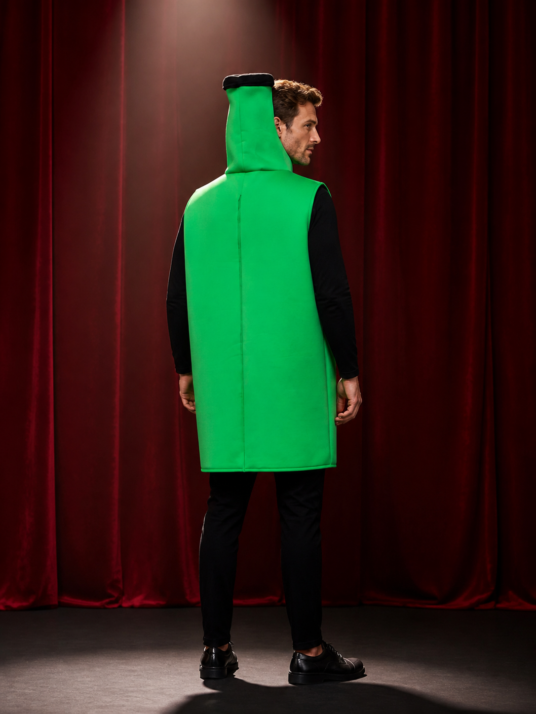 Adult Unisex Beer Bottle Costume, Sleeveless One-Piece Outfit with Bottle Cap back view