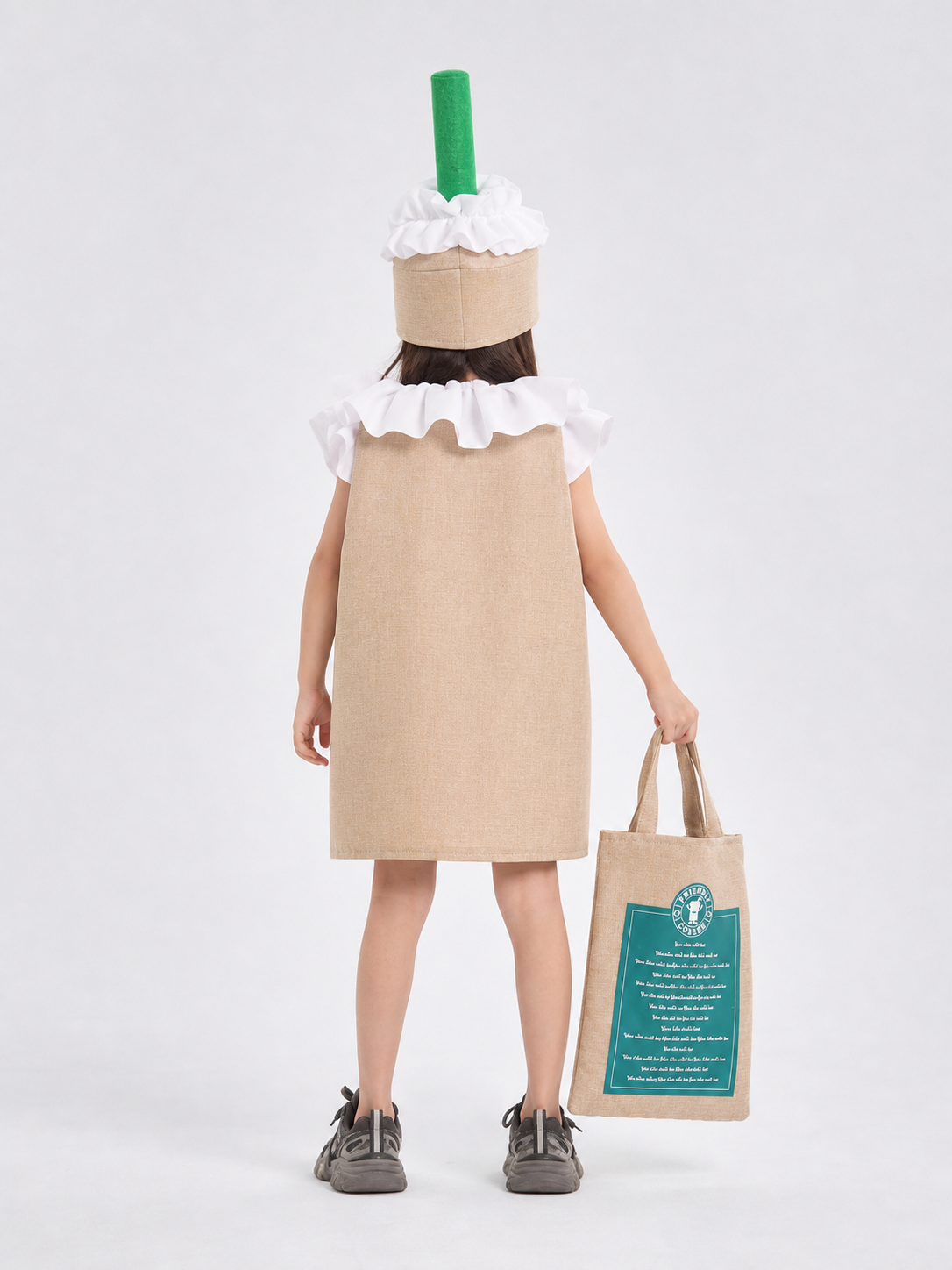 Beverage-Themed Party Costume with Hat and Bag back view