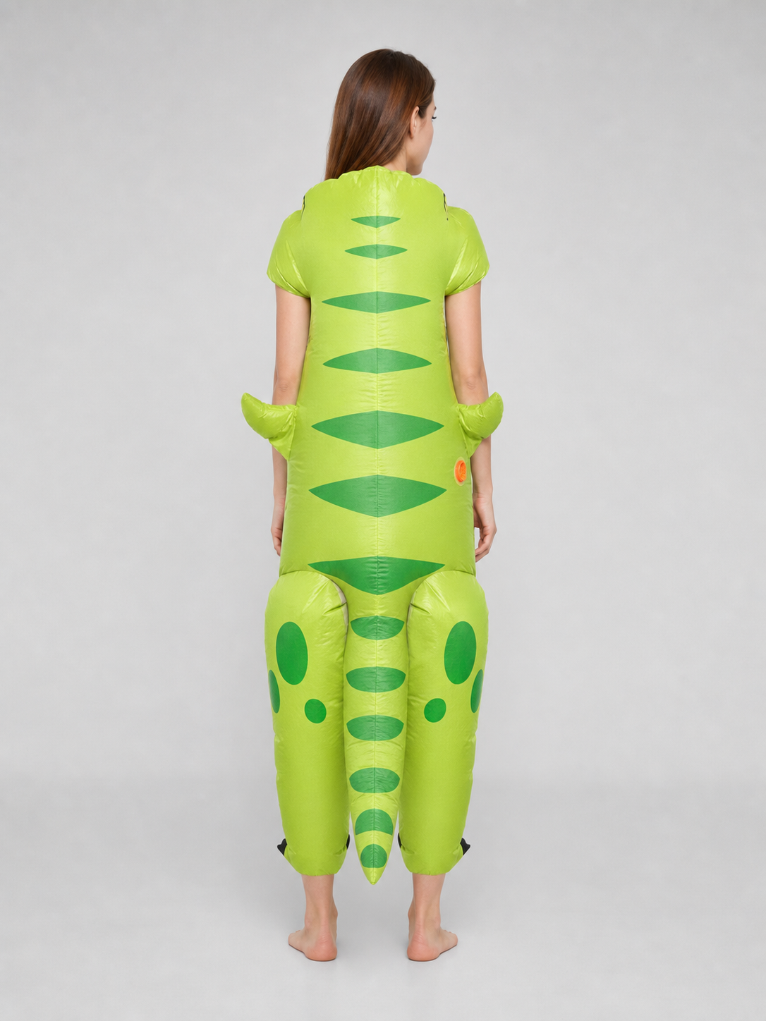 Green inflatable dinosaur costume for parties back view