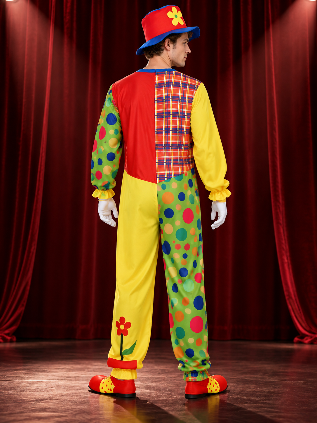 Clown Costume: Multicolor Jumpsuit, Hat, Bow Tie