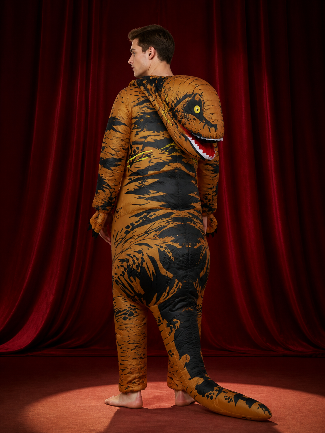Brown Dinosaur Costume with Open Mouth and Long Tail back view