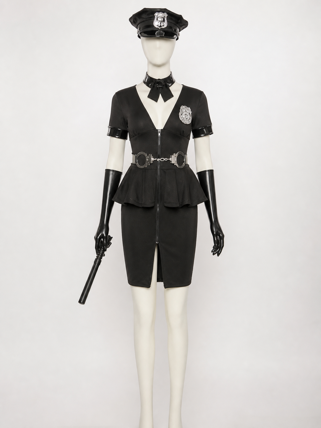 Women's Black Police Officer Halloween Costume Set with Hat, Gloves, and back view
