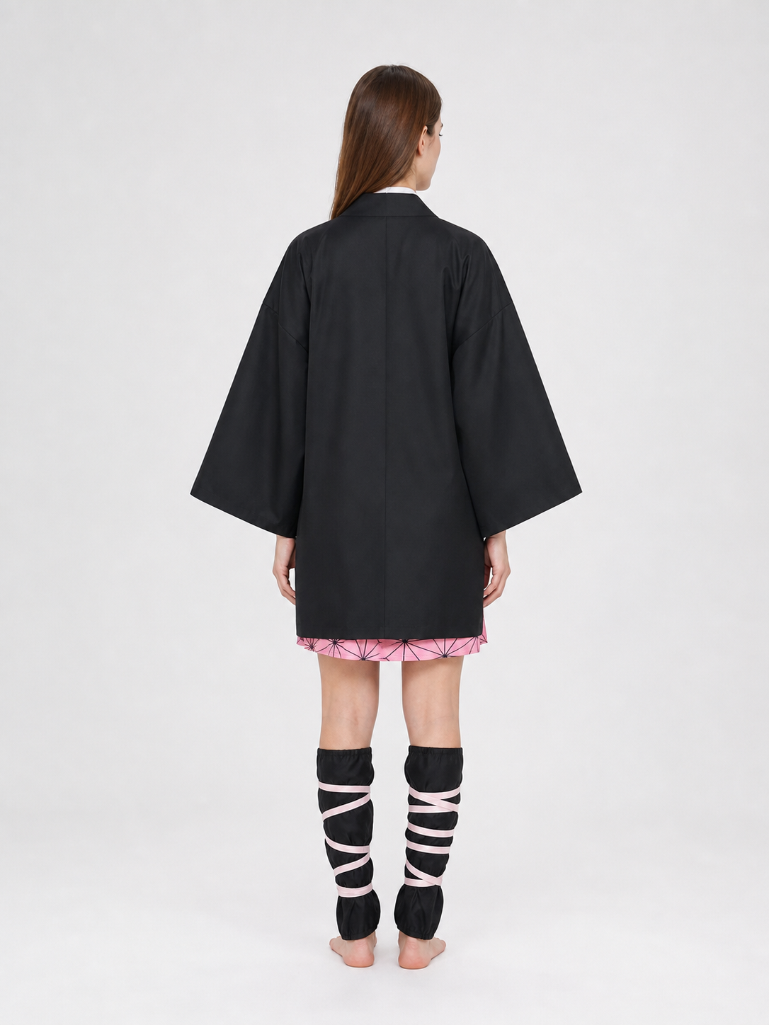 Anime-style cosplay costume: kimono, sash, and accessories back view