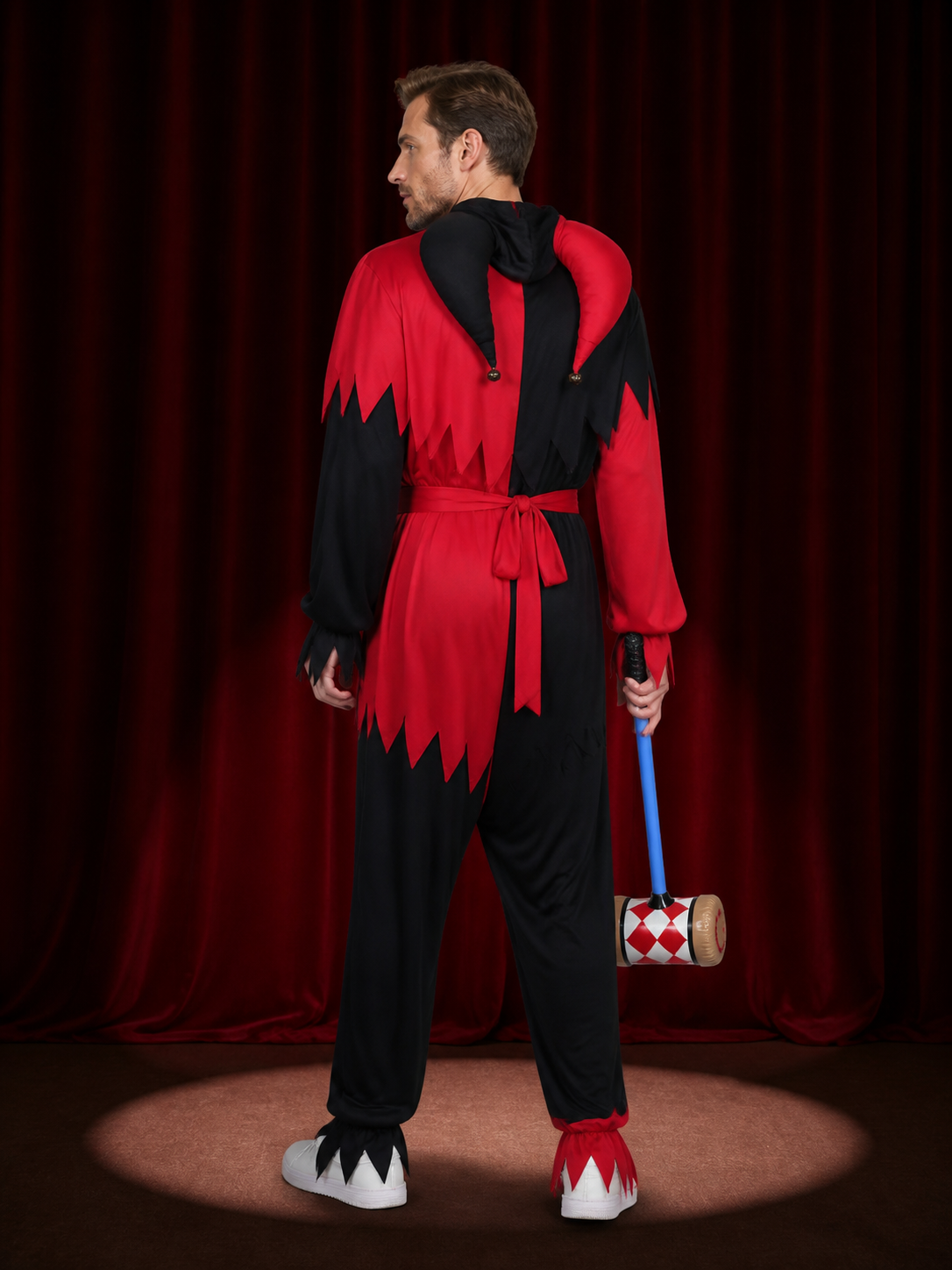 Unisex Red Black Jester Costume Jumpsuit, Hooded with Ruffled Trim, Halloween back view