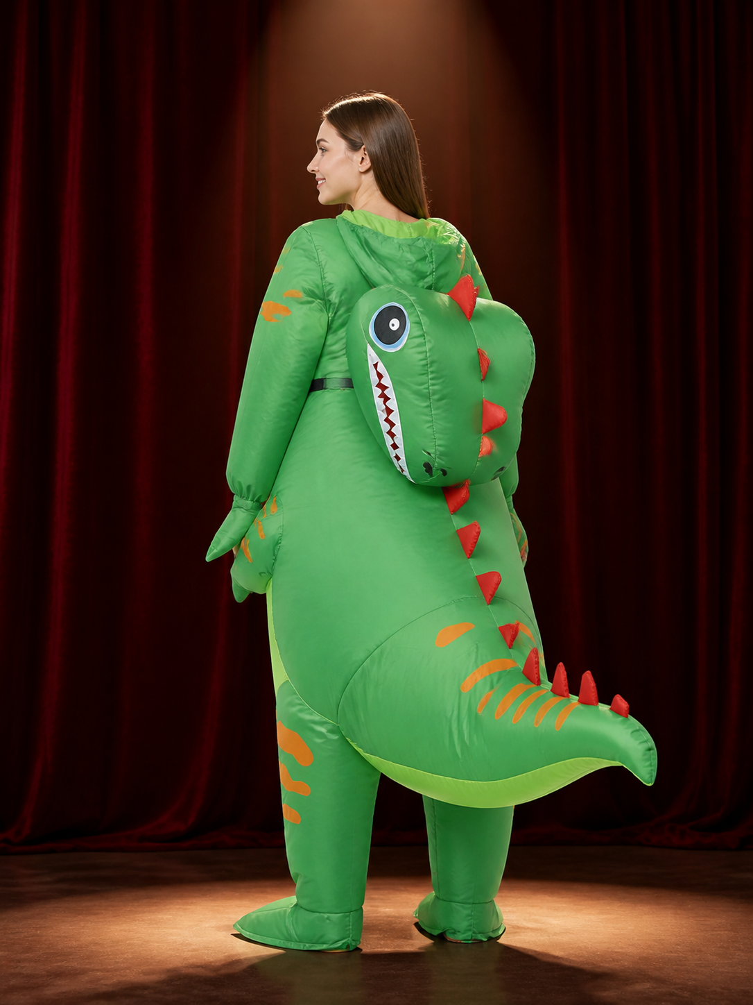 Kids Inflatable Dinosaur Costume with Orange Stripes and Spiked Back back view