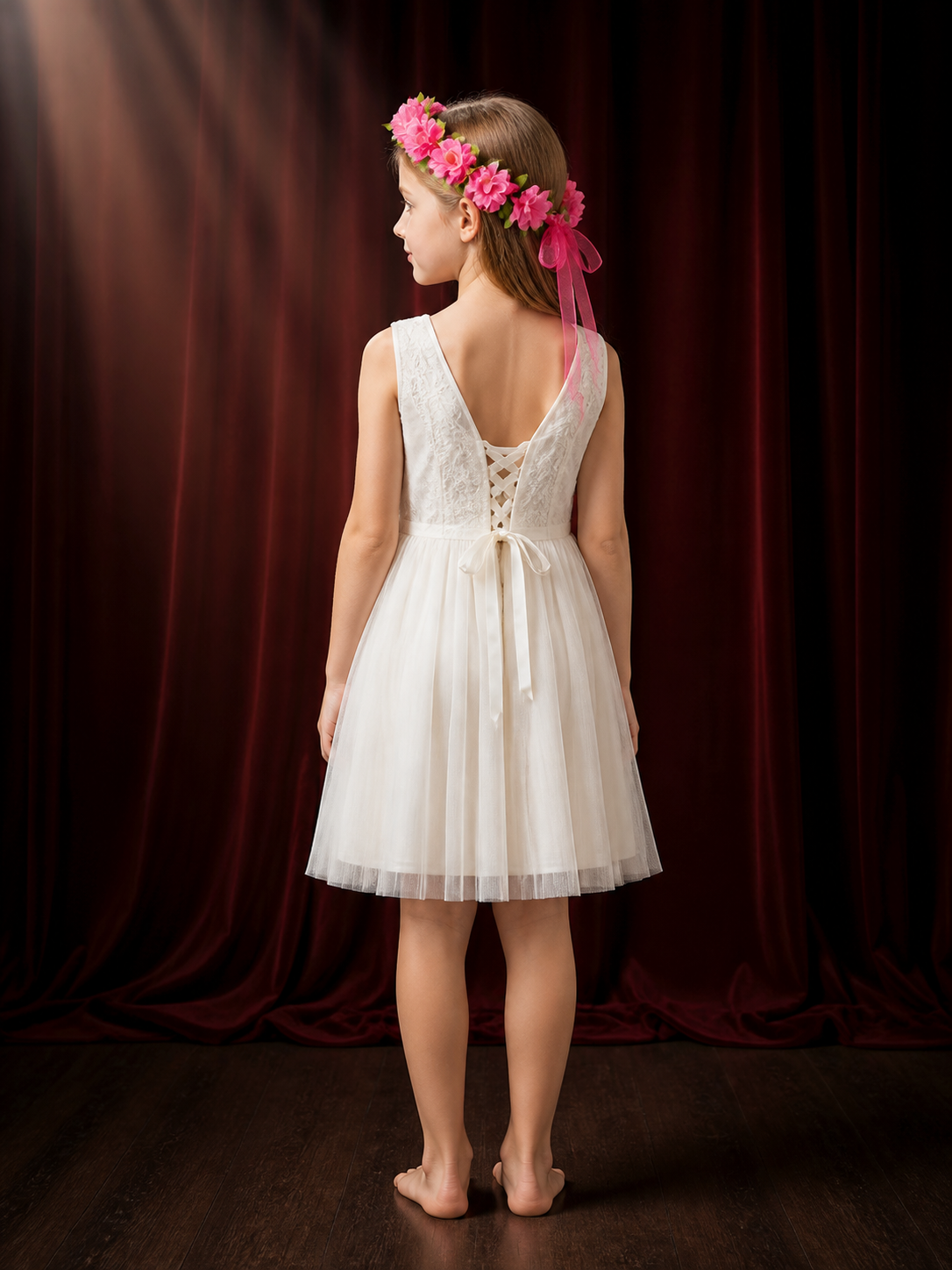 Pink Flower Wreath Headpiece with Green Leaves and Ribbon back view