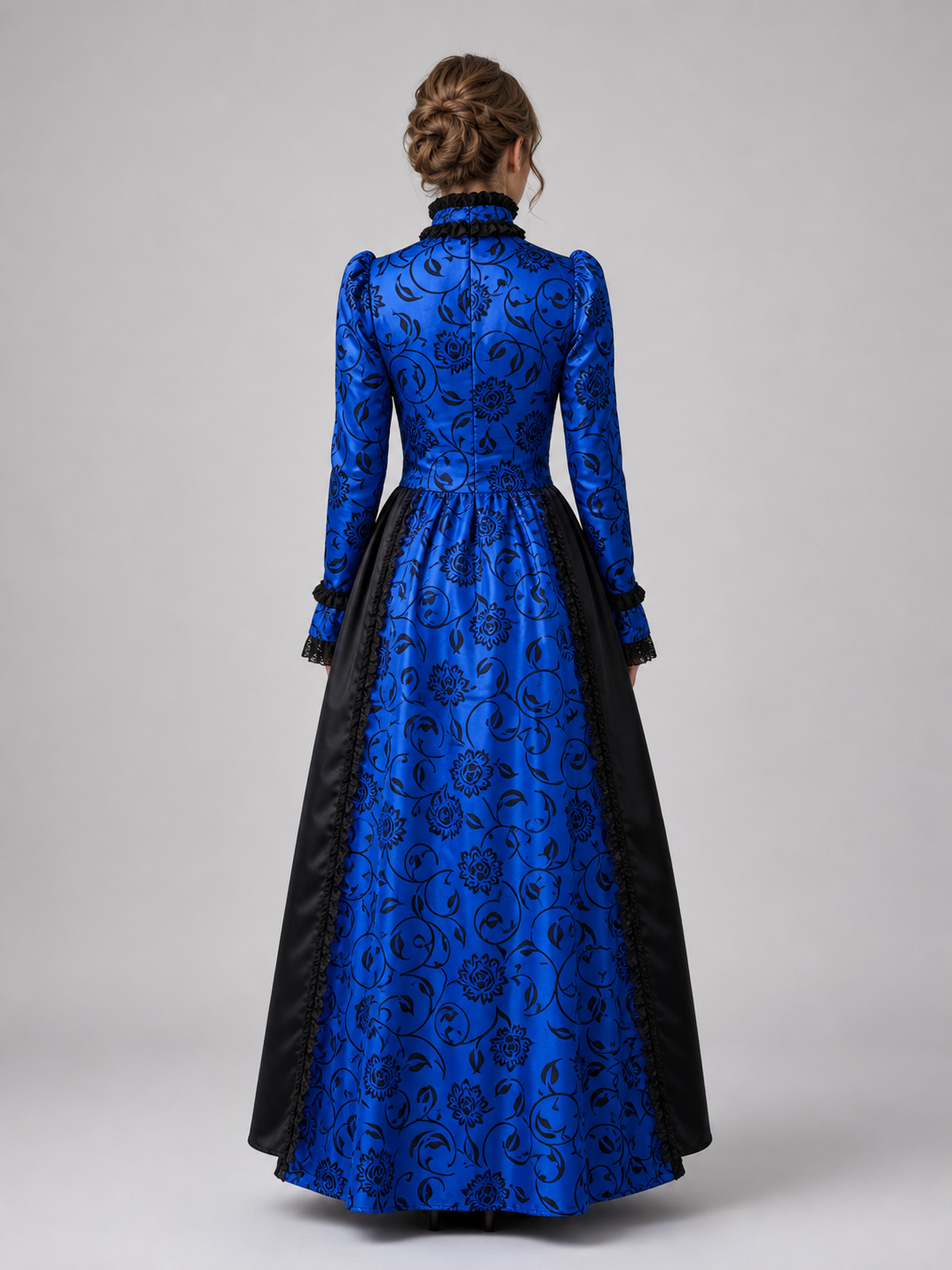 Vintage-style dress with a high neck and lace back view