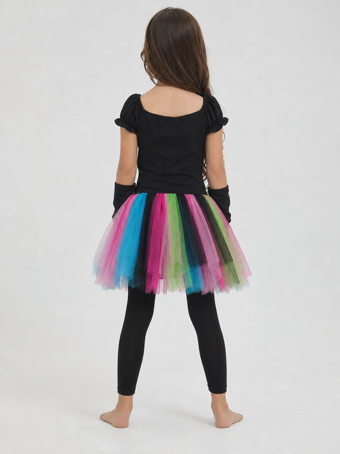 Skeleton costume with a multicolored skirt back view 2
