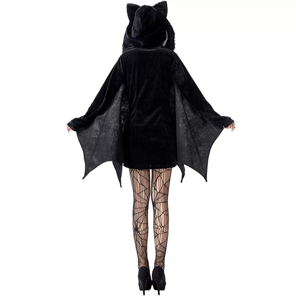Back view of the adult bat costume showing the eared hood and bat wings with spiderweb tights