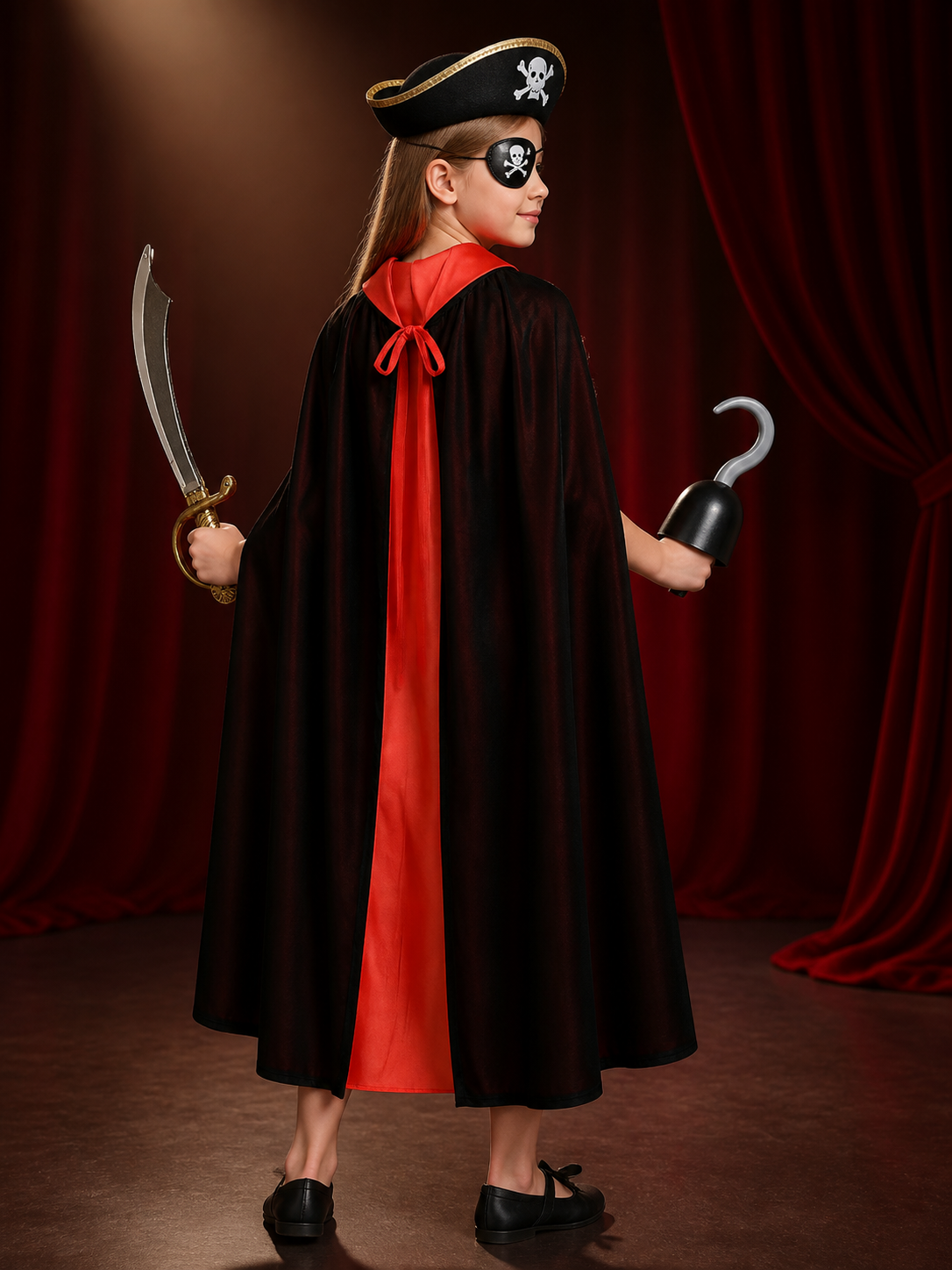 Pirate Costume Set, Black & Red Double-Sided Cape with Skull & Crossbones Hat back view