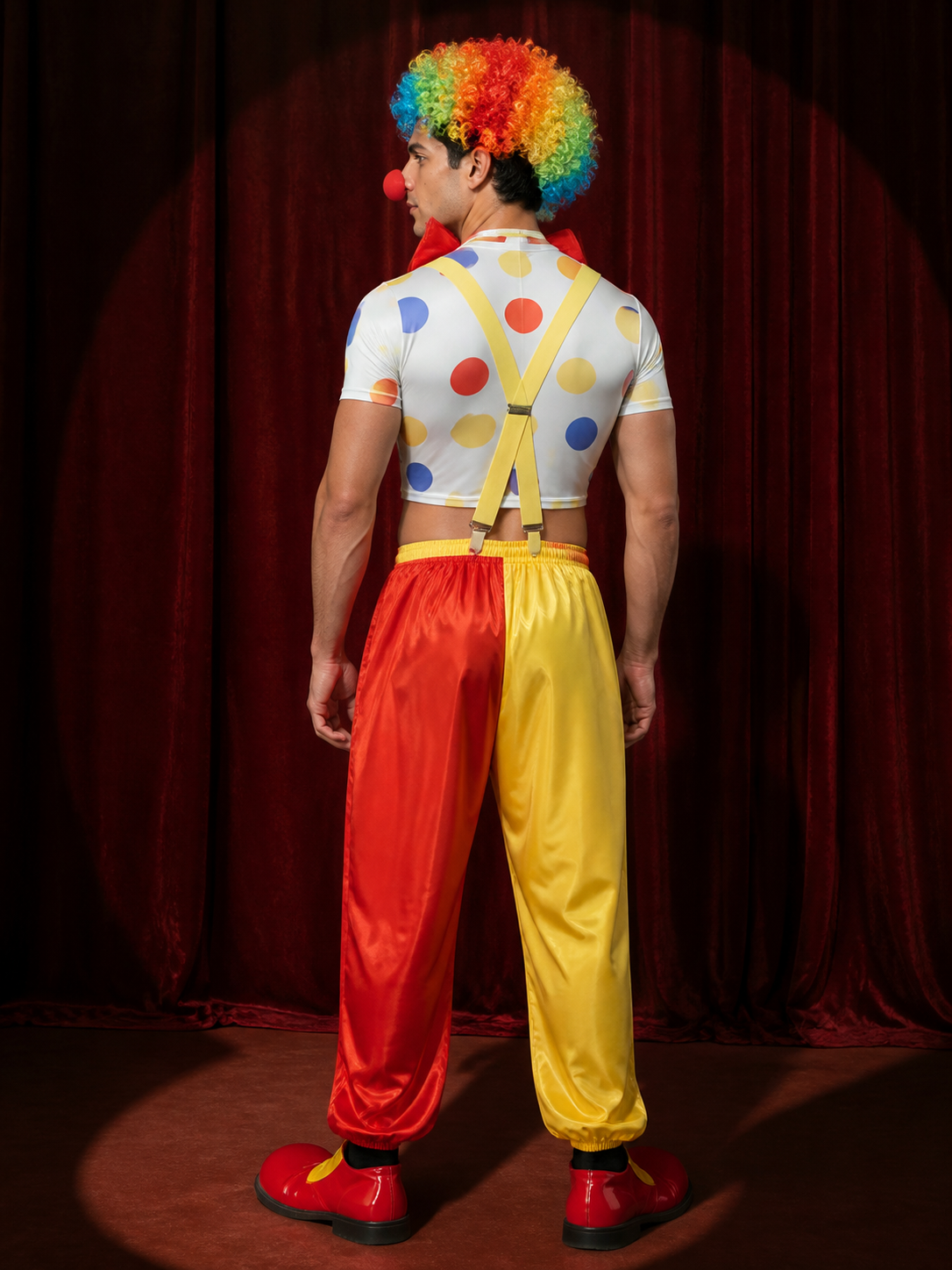 Men's Clown Circus Halloween Costume Set, White Polka Dot Crop Top With back view