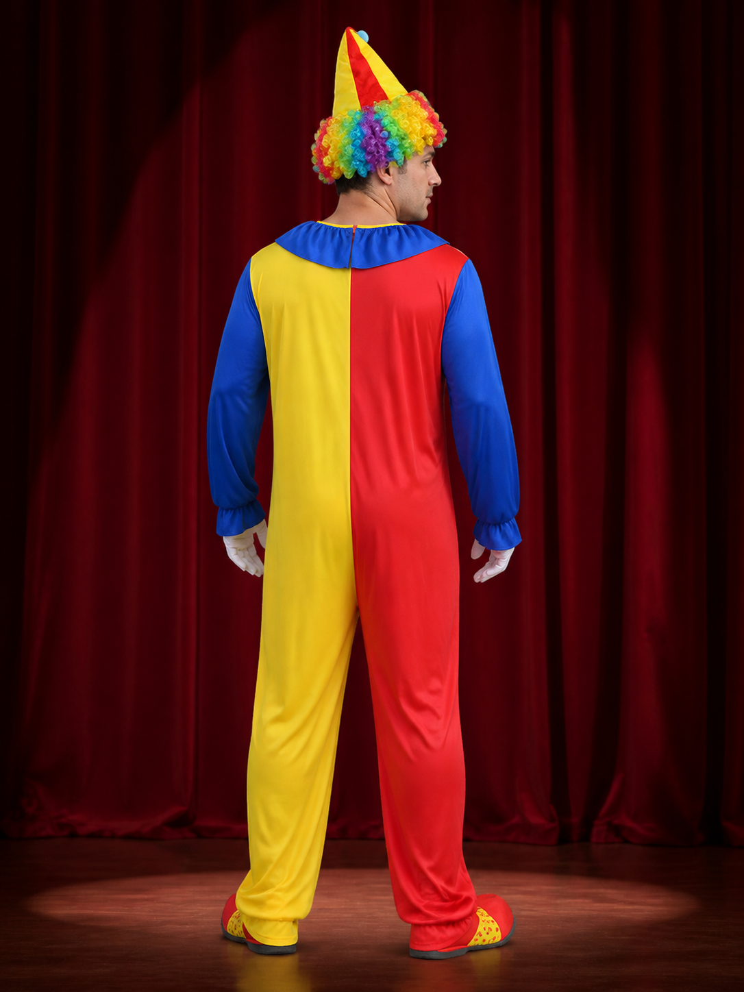 Adult Unisex Clown Jumpsuit Costume Set, Red/Yellow Split with Pointed Hat back view