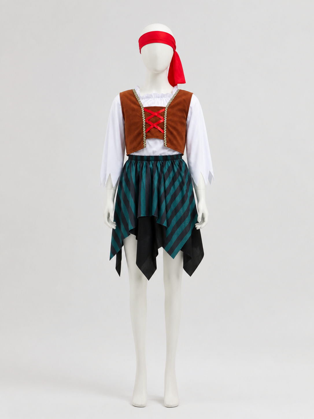 Kids' Pirate Costume Set With Striped Skirt, Vest & Headband For Halloween