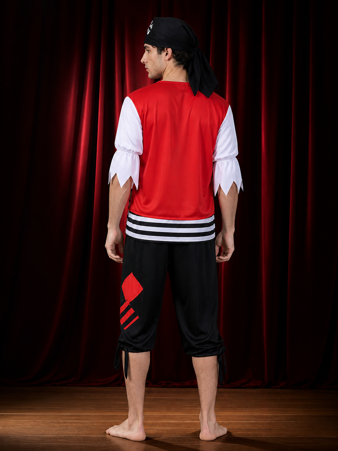 Adult Pirate Halloween Costume Set, Lace-Up Red Vest Top, Black/White Striped back view